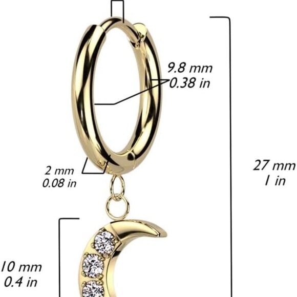 20GA Stainless Steel Crescent Moon CZ Hoop Earrings, Silver Tone, Pair - Picture 2 of 4